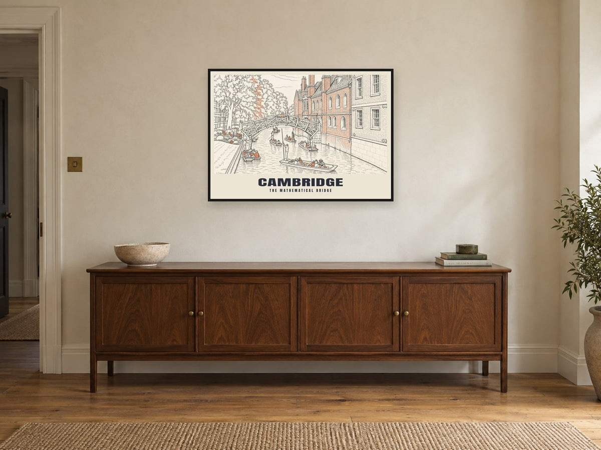 The Mathematical Bridge, Cambridge Poster at A1, in a black frame, above a sideboard