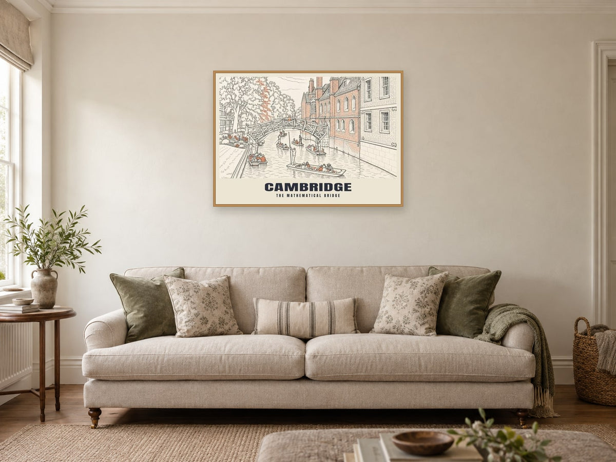 The Mathematical Bridge, Cambridge Poster at A1, in an oak frame, in a sitting room