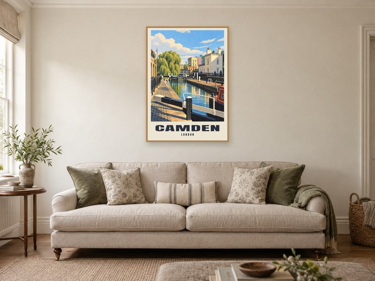 Camden Poster — Camden Lock at A1, in an oak frame, in a sitting room