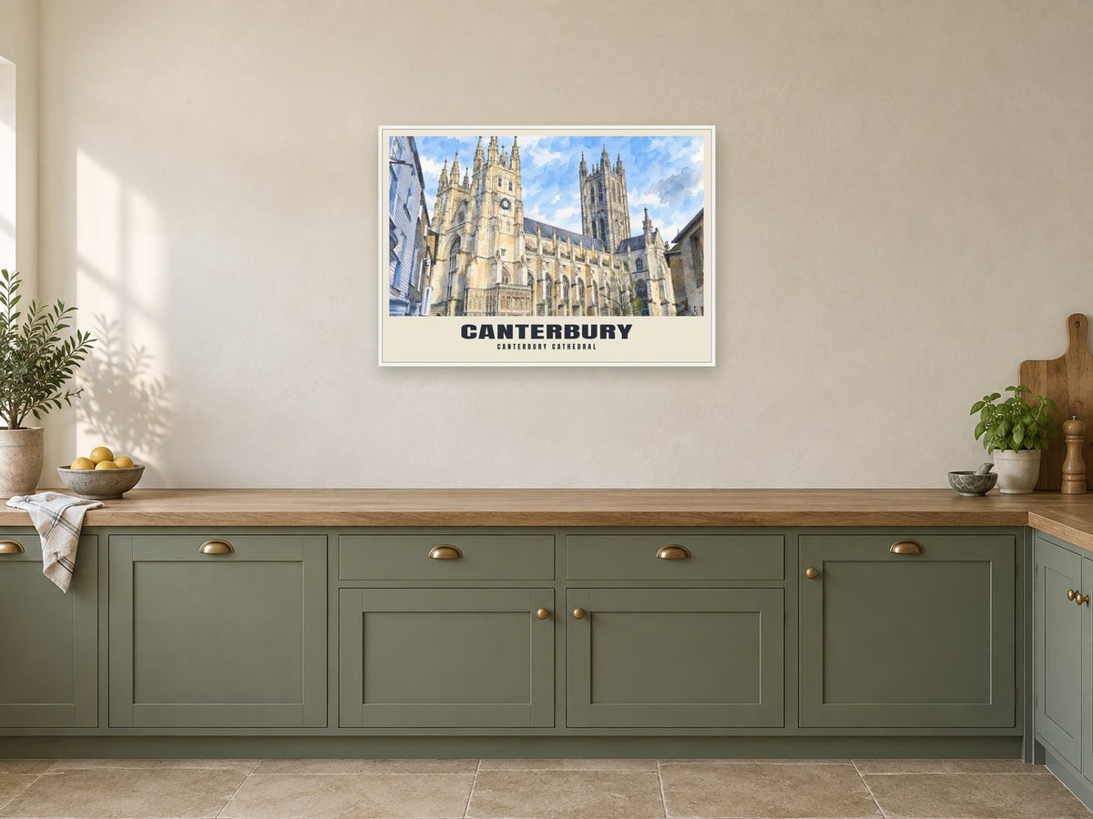 Canterbury Cathedral Poster at A1, in a white frame, in a kitchen