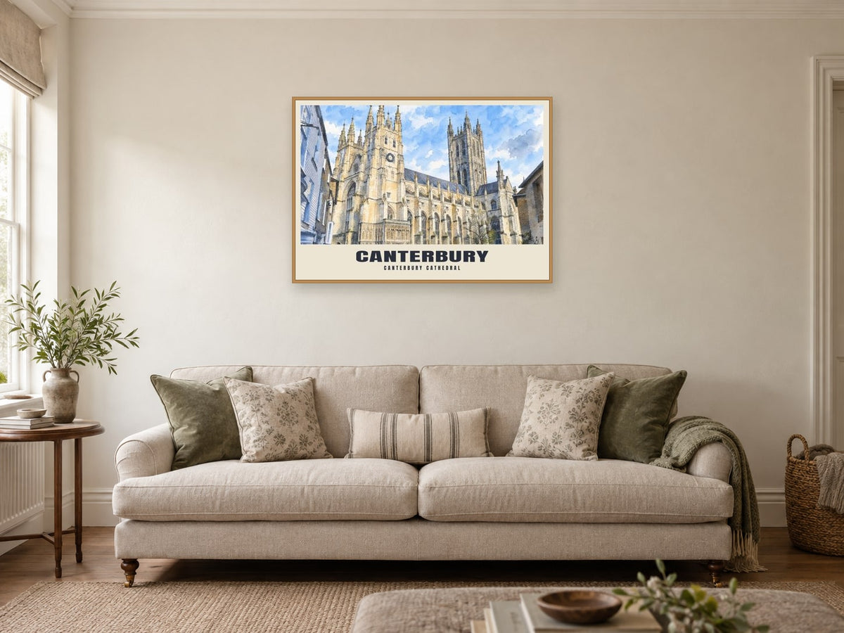 Canterbury Cathedral Poster at A1, in an oak frame, in a sitting room