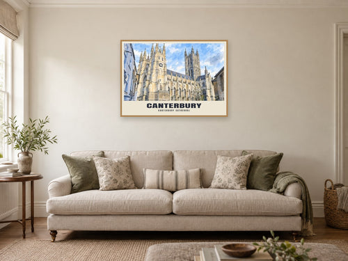 Canterbury Cathedral Poster at A1, in an oak frame, in a sitting room