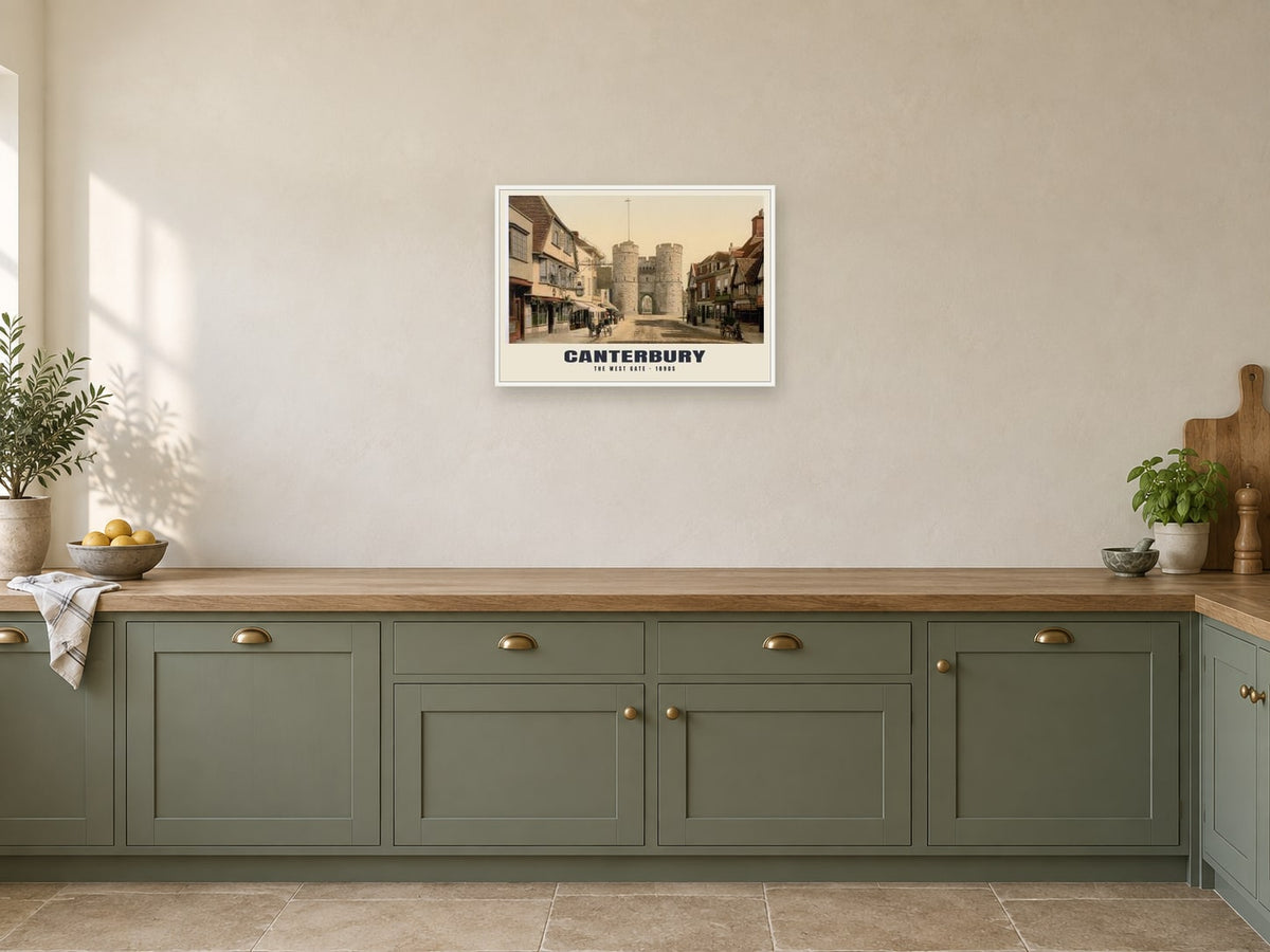 The West Gate, Canterbury Poster at A2, in a white frame, in a kitchen