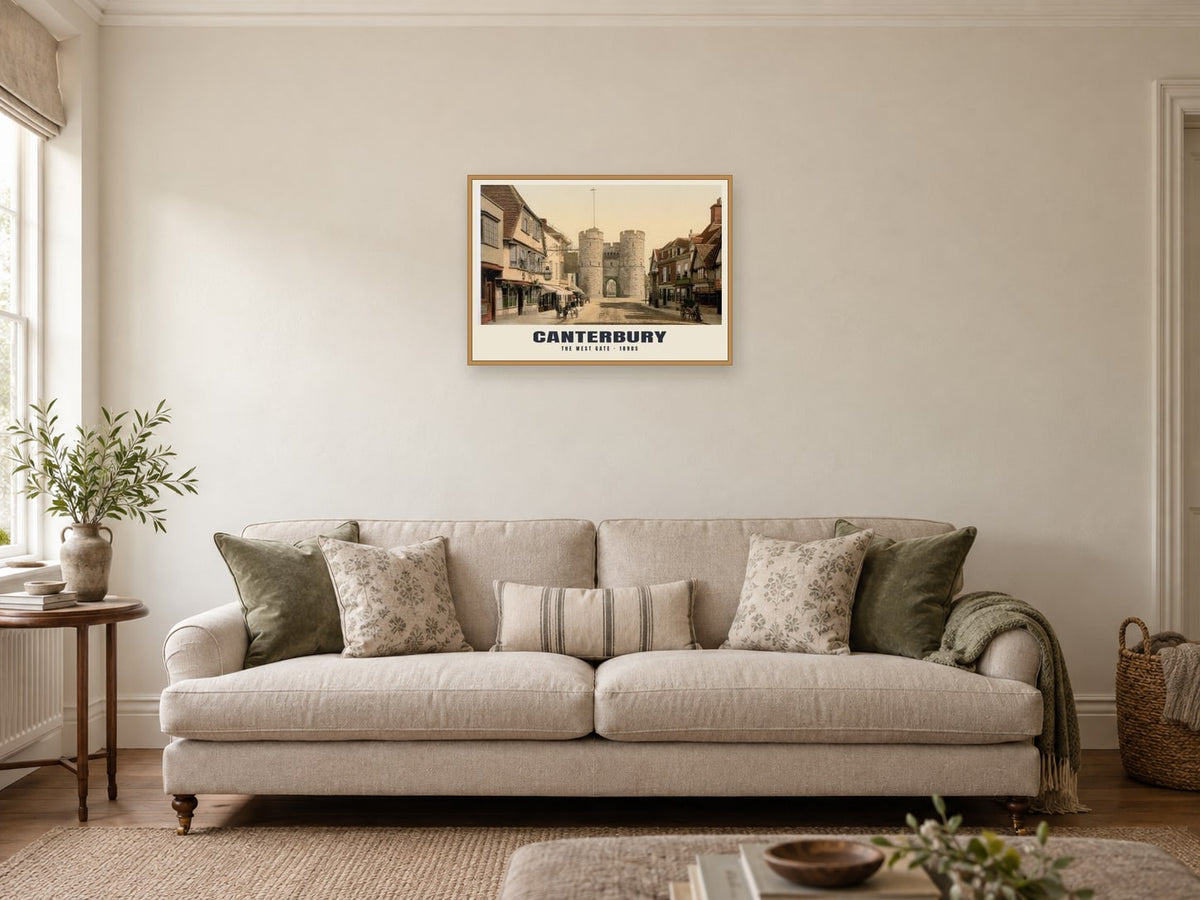 The West Gate, Canterbury Poster at A2, in an oak frame, in a sitting room