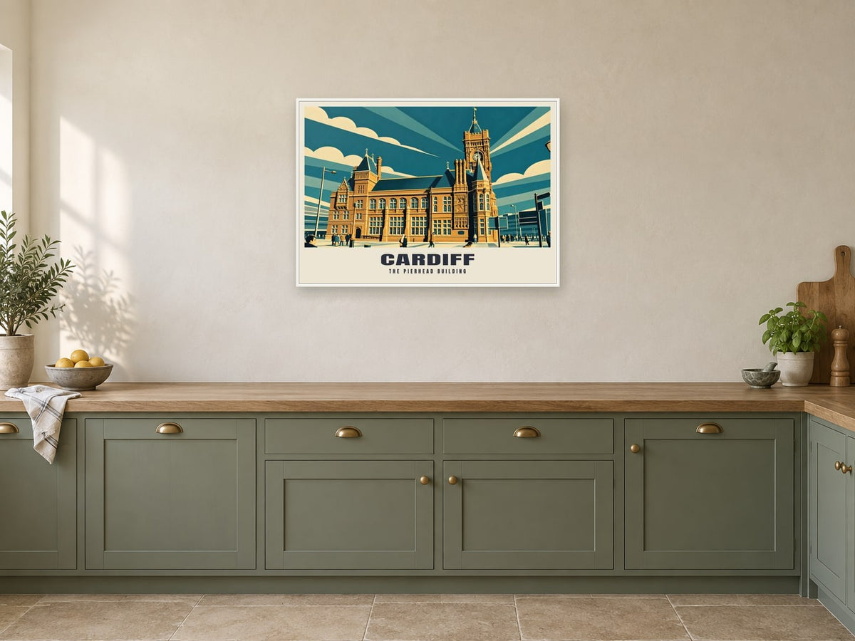 The Pierhead Building, Cardiff Poster at A1, in a white frame, in a kitchen