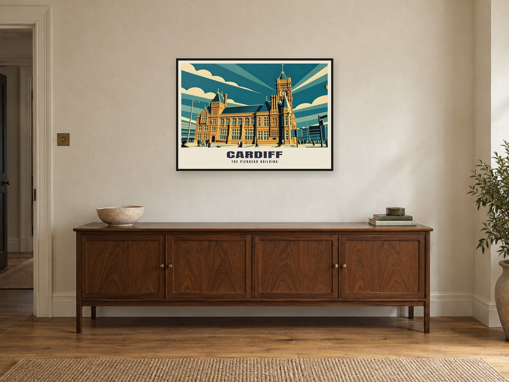 The Pierhead Building, Cardiff Poster at A1, in a black frame, above a sideboard
