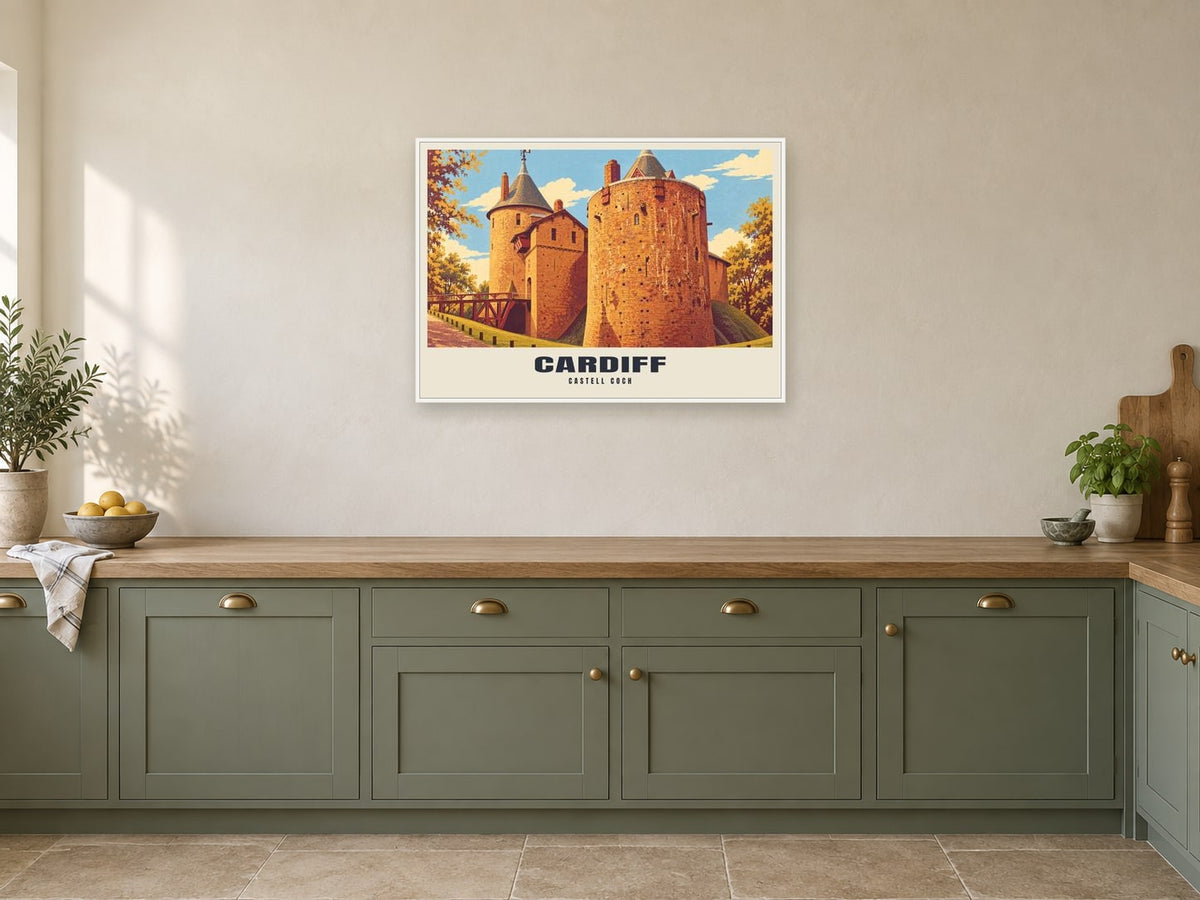 Castell Coch, Cardiff Poster at A1, in a white frame, in a kitchen