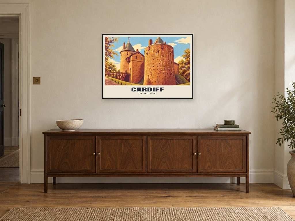Castell Coch, Cardiff Poster at A1, in a black frame, above a sideboard