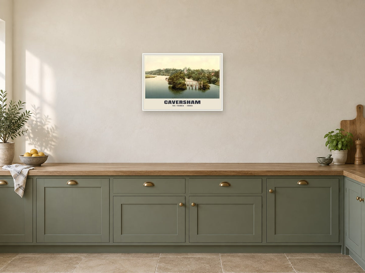 The Thames at Caversham, 1890s Heritage Print at A2, in a white frame, in a kitchen