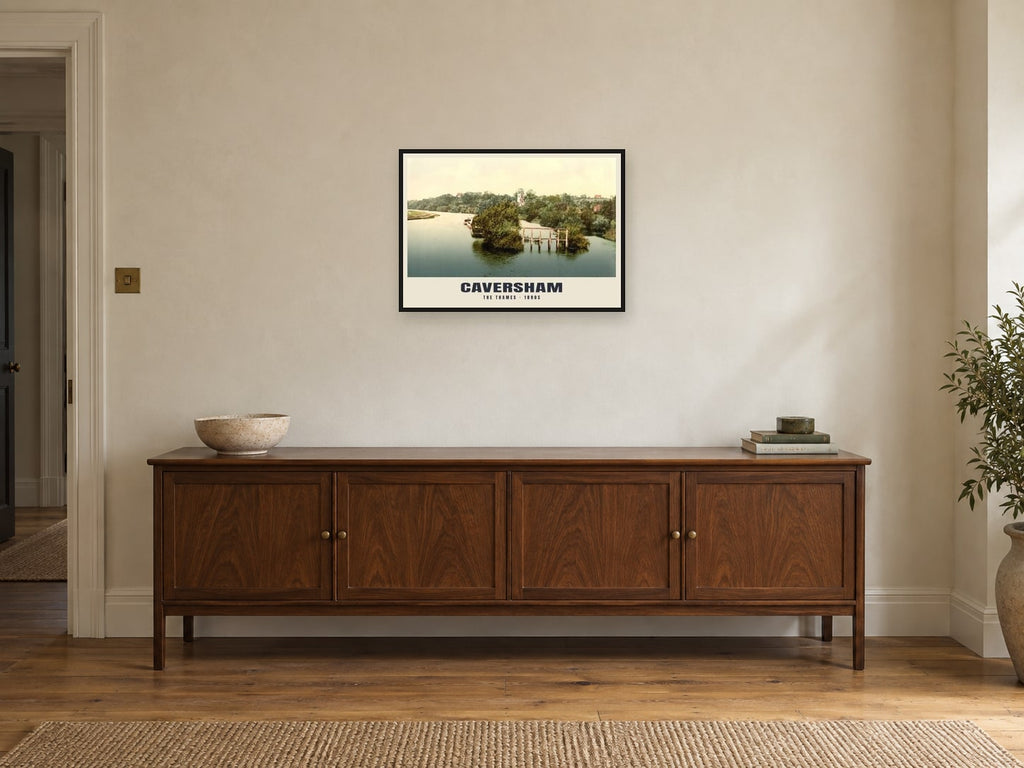 The Thames at Caversham, 1890s Heritage Print at A2, in a black frame, above a sideboard