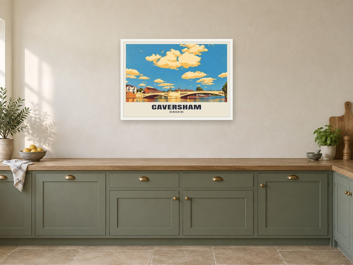 Caversham Poster at A1, in a white frame, in a kitchen