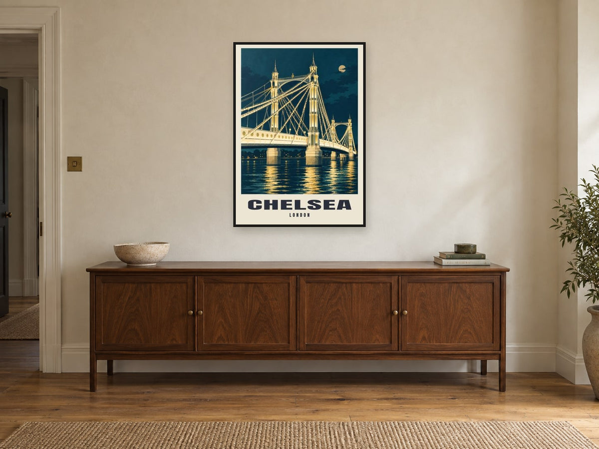 Chelsea Poster — Albert Bridge at A1, in a black frame, above a sideboard
