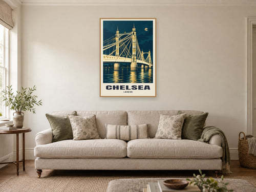 Chelsea Poster — Albert Bridge at A1, in an oak frame, in a sitting room