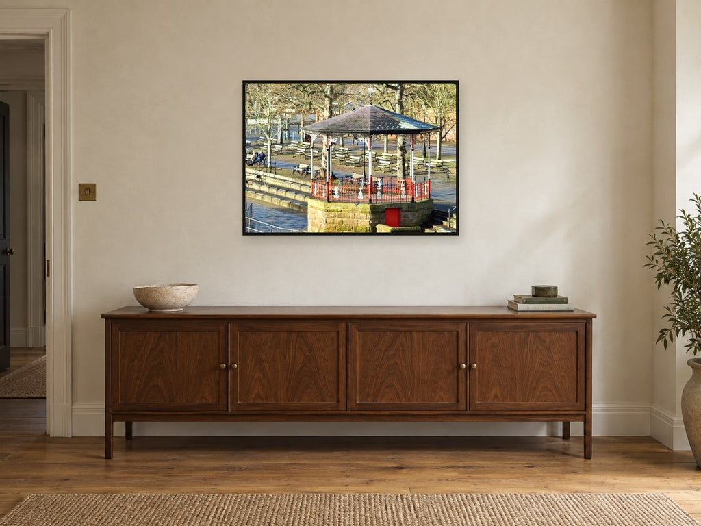 Bandstand, Chester — photographic print by Chris at A1, in a black frame, above a sideboard