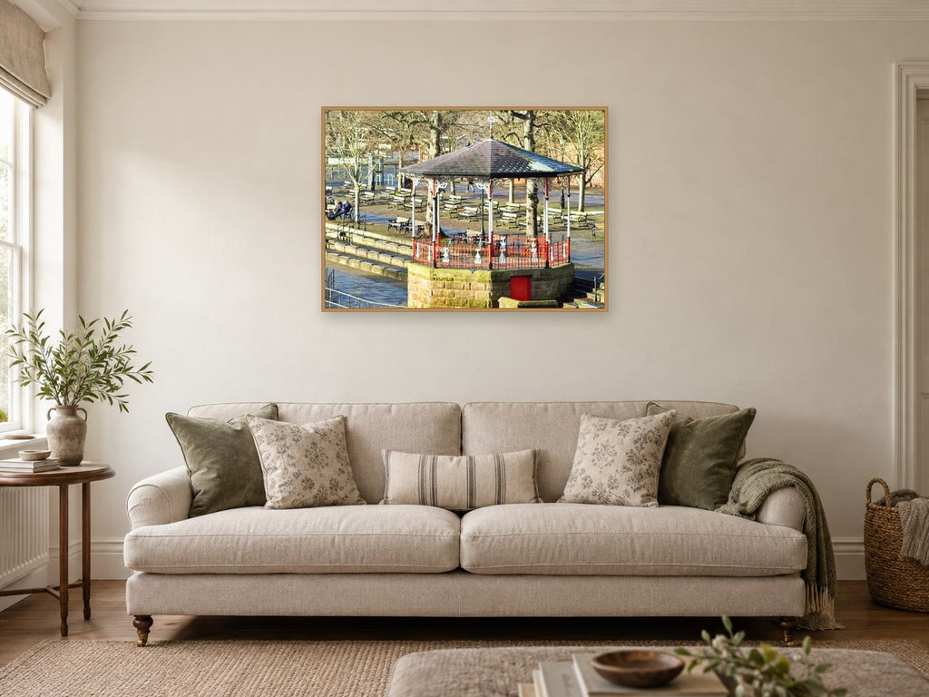 Bandstand, Chester — photographic print by Chris at A1, in an oak frame, in a sitting room