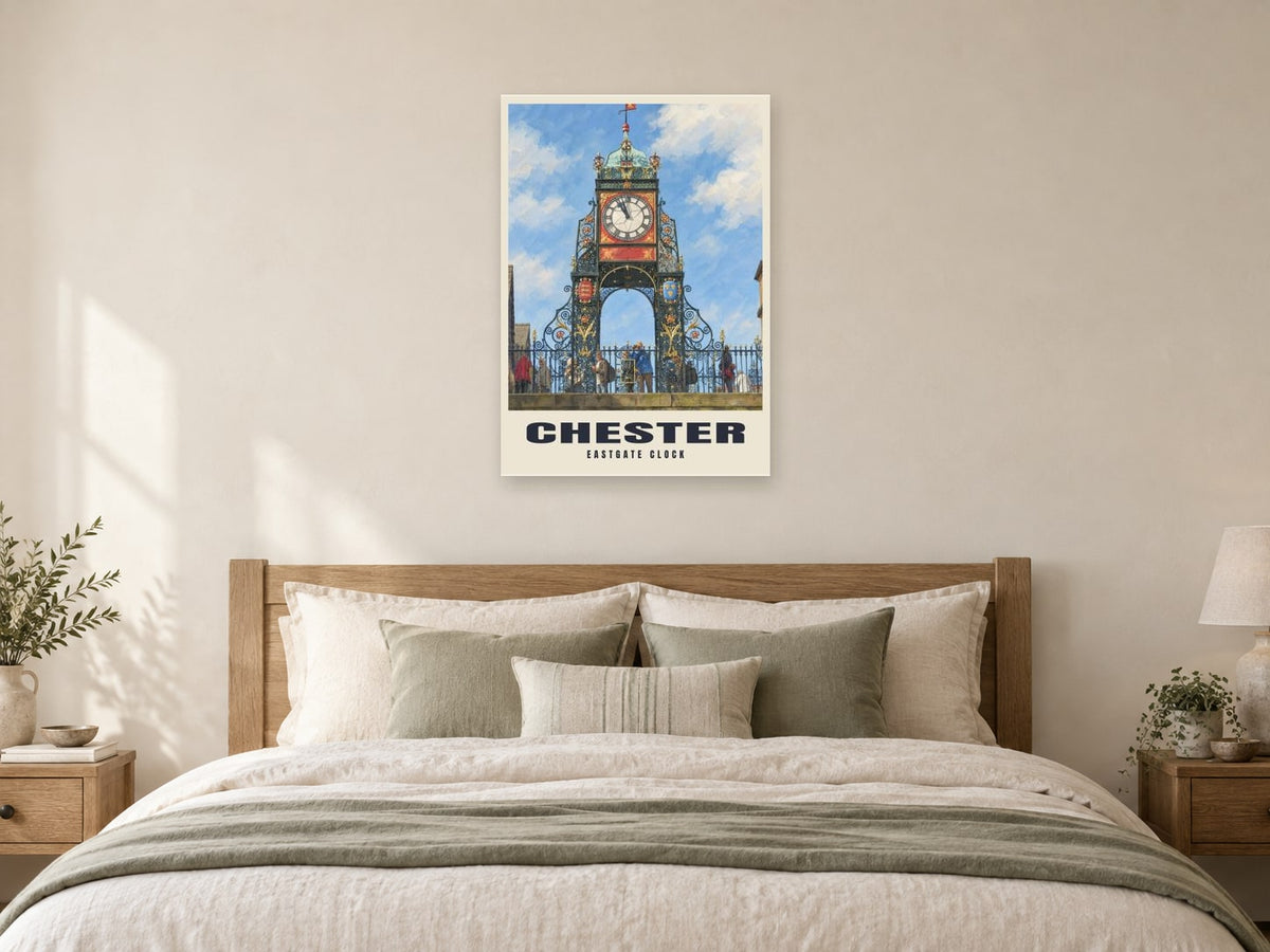 Eastgate Clock, Chester Poster at A1, as a poster, above a bed