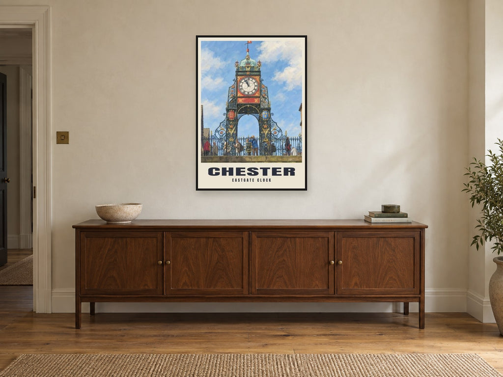 Eastgate Clock, Chester Poster at A1, in a black frame, above a sideboard