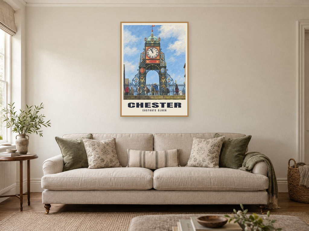 Eastgate Clock, Chester Poster at A1, in an oak frame, in a sitting room