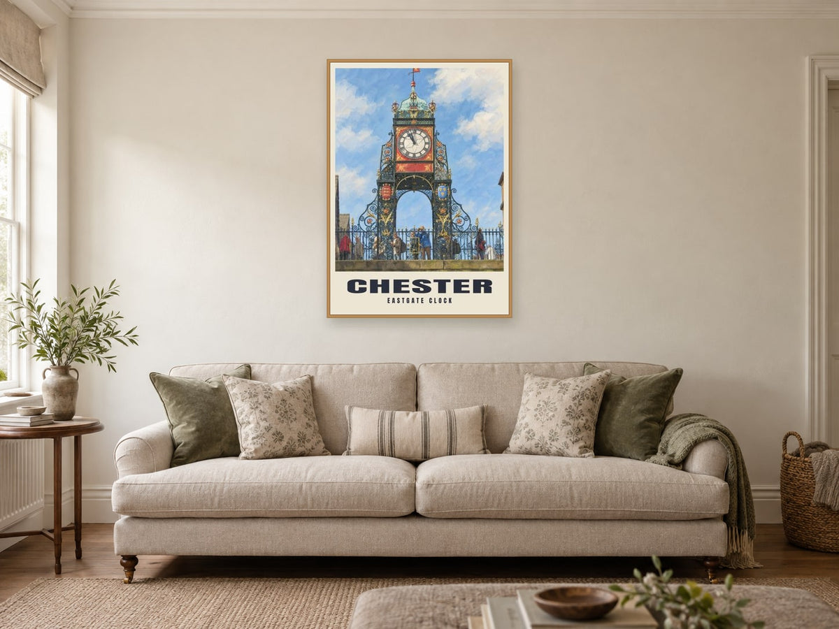 Eastgate Clock, Chester Poster at A1, in an oak frame, in a sitting room