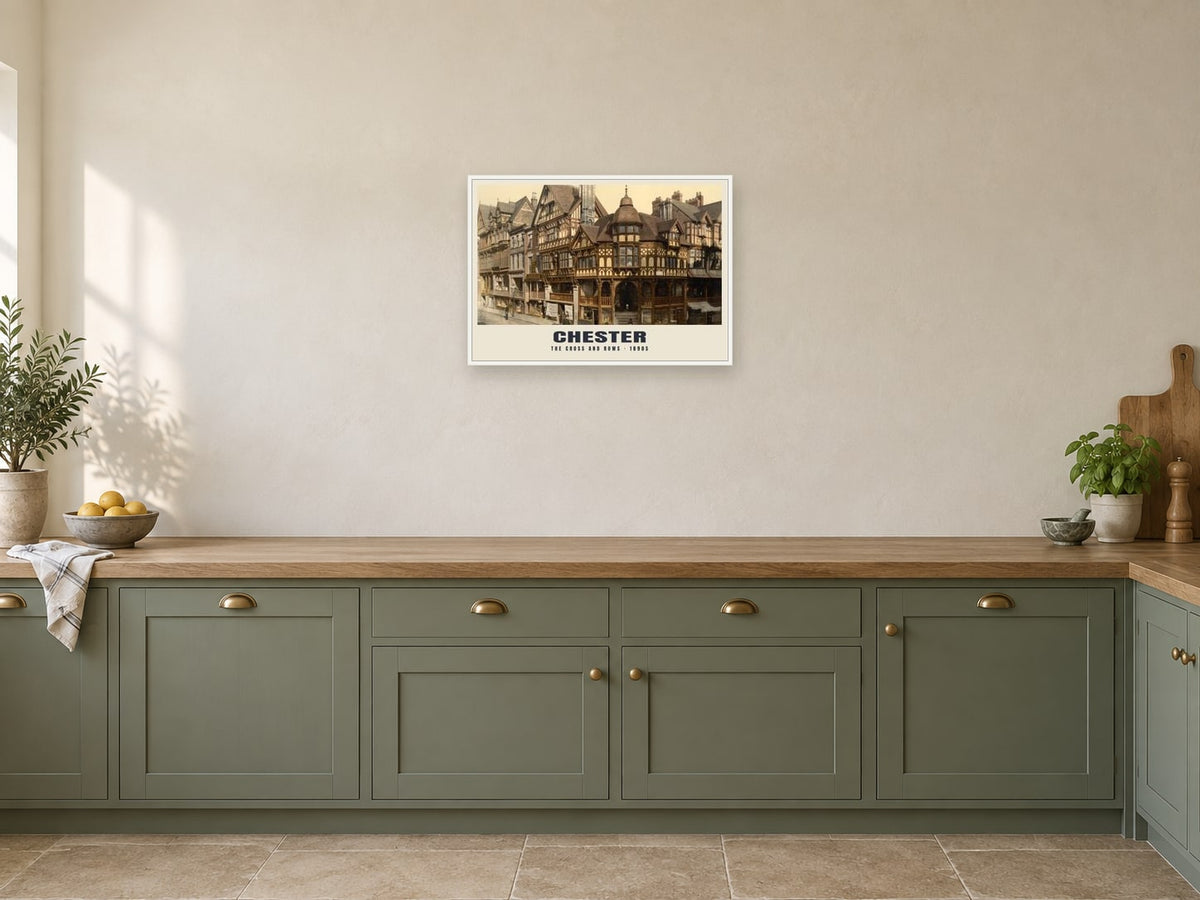 The Cross and Rows, Chester Poster at A2, in a white frame, in a kitchen