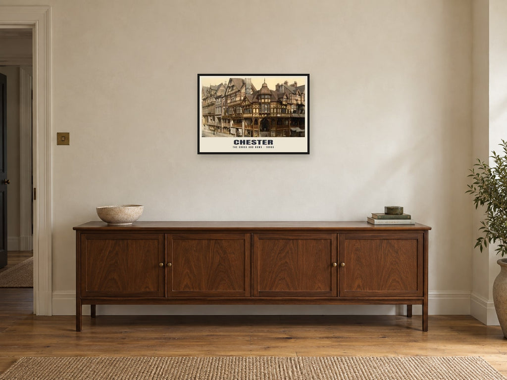 The Cross and Rows, Chester Poster at A2, in a black frame, above a sideboard