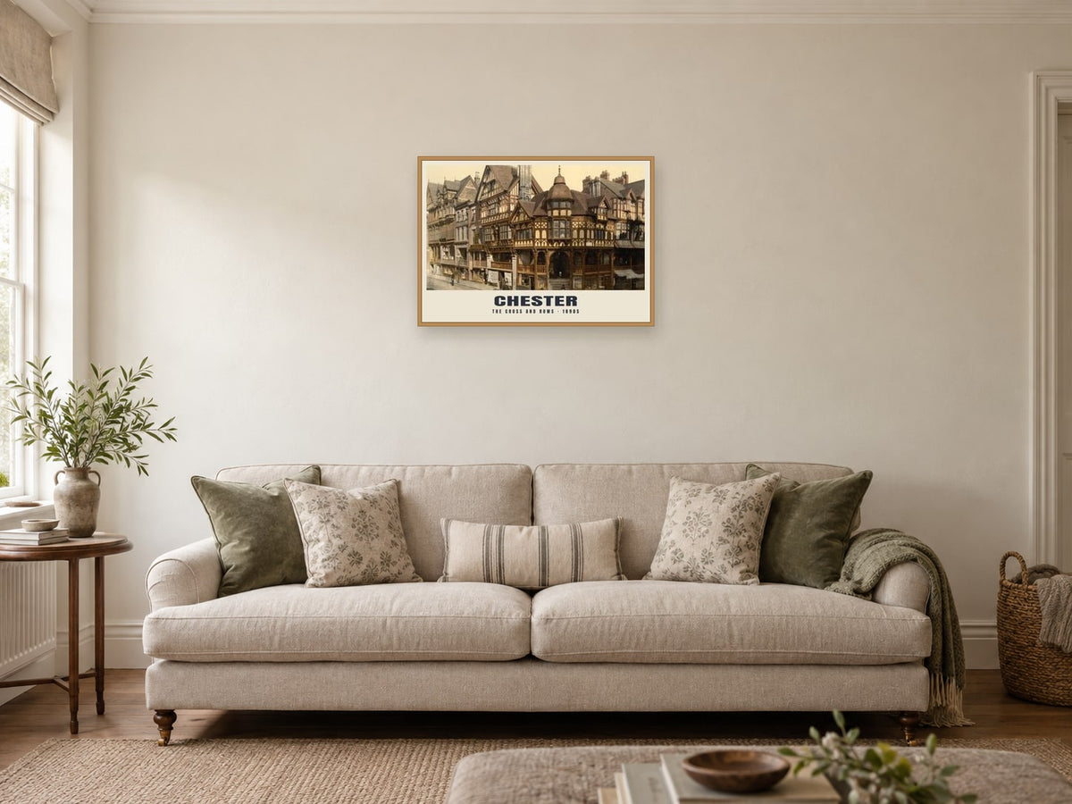 The Cross and Rows, Chester Poster at A2, in an oak frame, in a sitting room