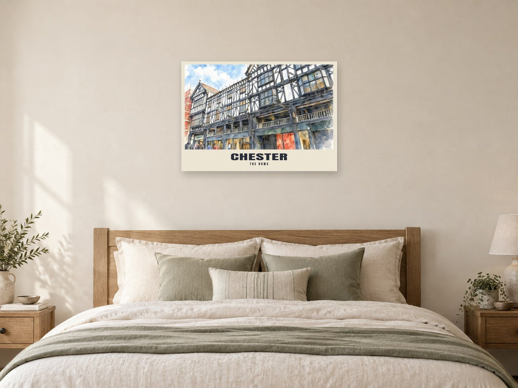 The Rows, Chester Poster at A1, as a poster, above a bed