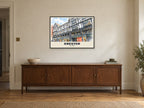 The Rows, Chester Poster at A1, in a black frame, above a sideboard