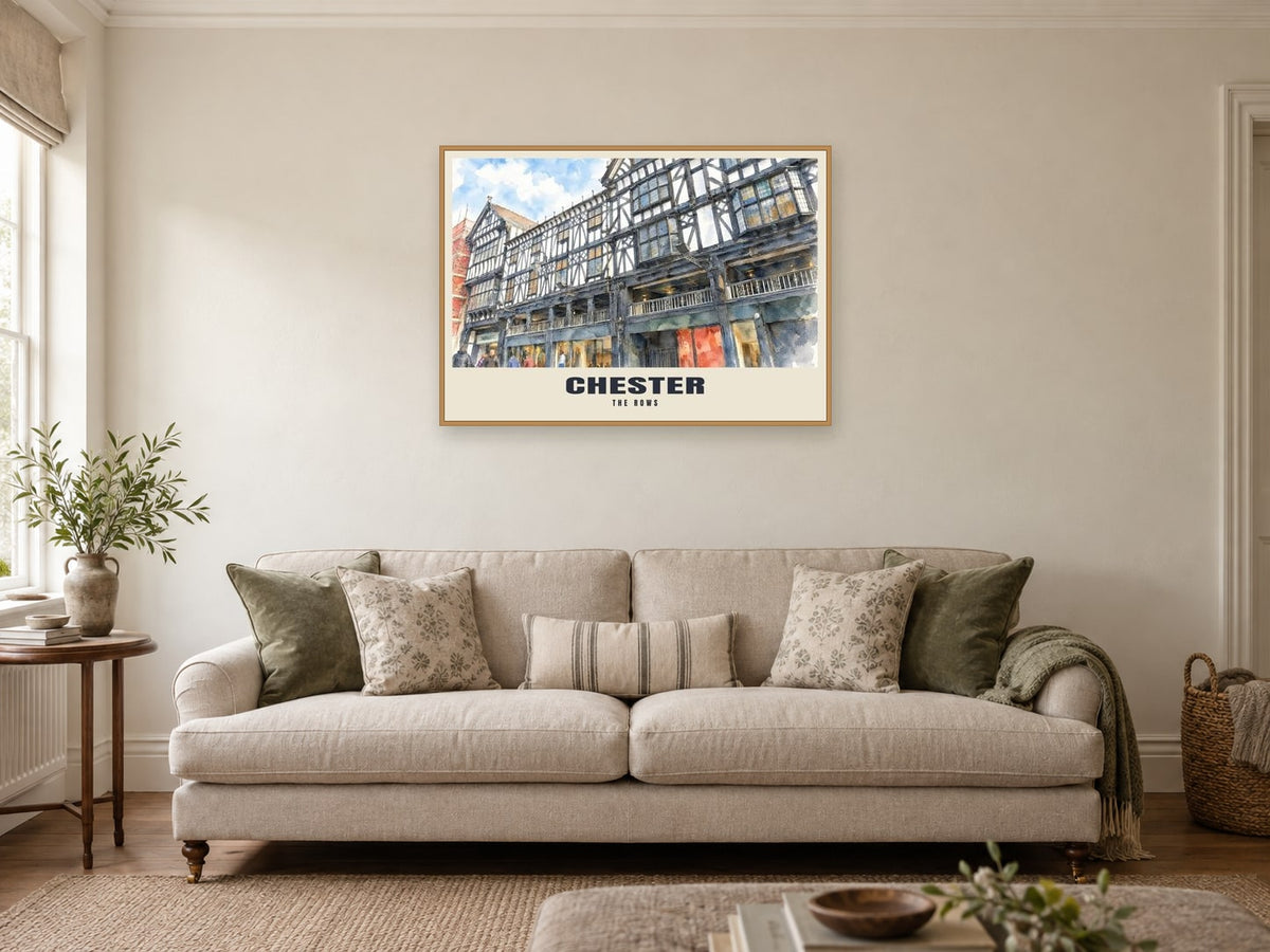 The Rows, Chester Poster at A1, in an oak frame, in a sitting room