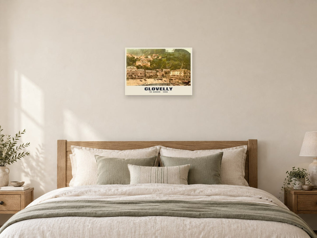 The Harbour, Clovelly, 1890s Heritage Print at A2, as a poster, above a bed