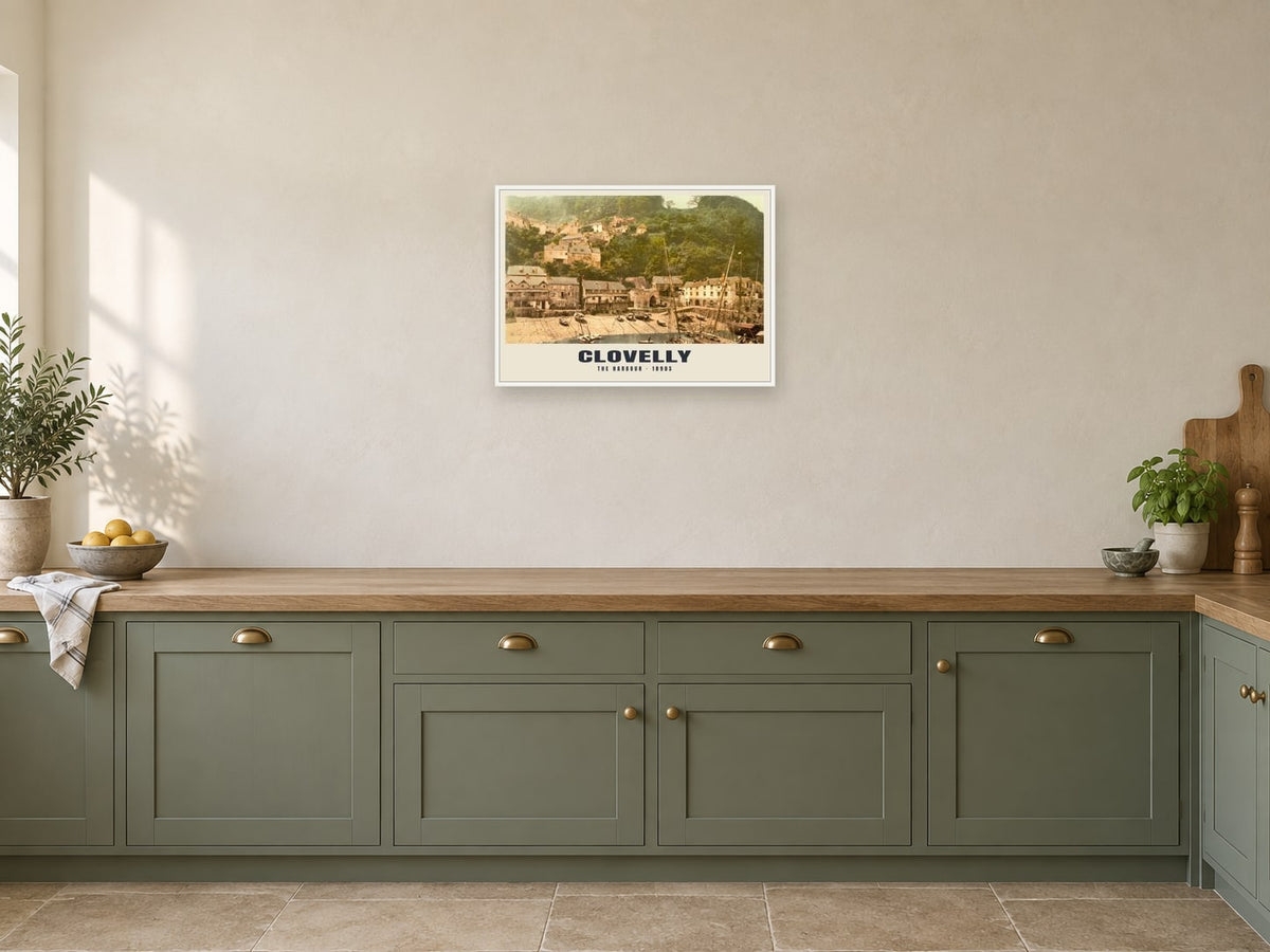 The Harbour, Clovelly, 1890s Heritage Print at A2, in a white frame, in a kitchen