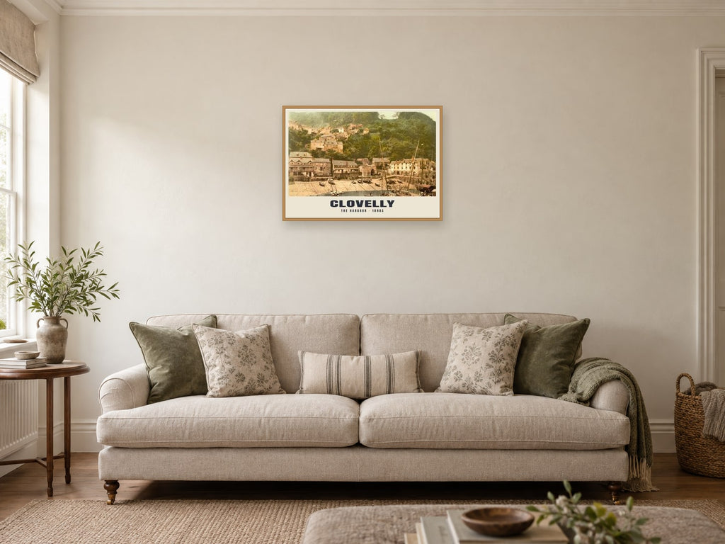 The Harbour, Clovelly, 1890s Heritage Print at A2, in an oak frame, in a sitting room
