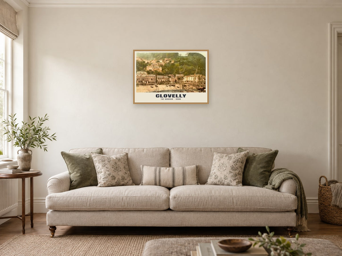 The Harbour, Clovelly, 1890s Heritage Print at A2, in an oak frame, in a sitting room