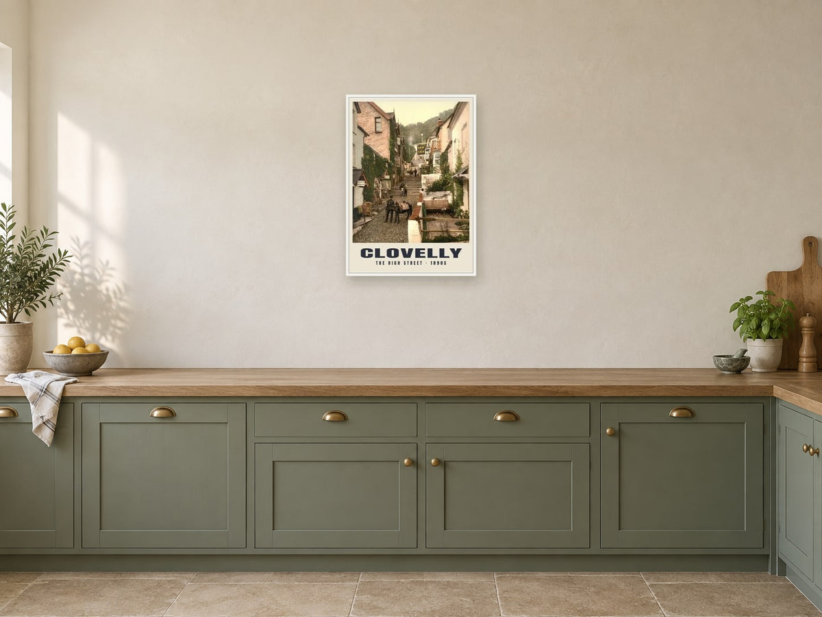 The High Street, Clovelly, 1890s Heritage Print at A2, in a white frame, in a kitchen