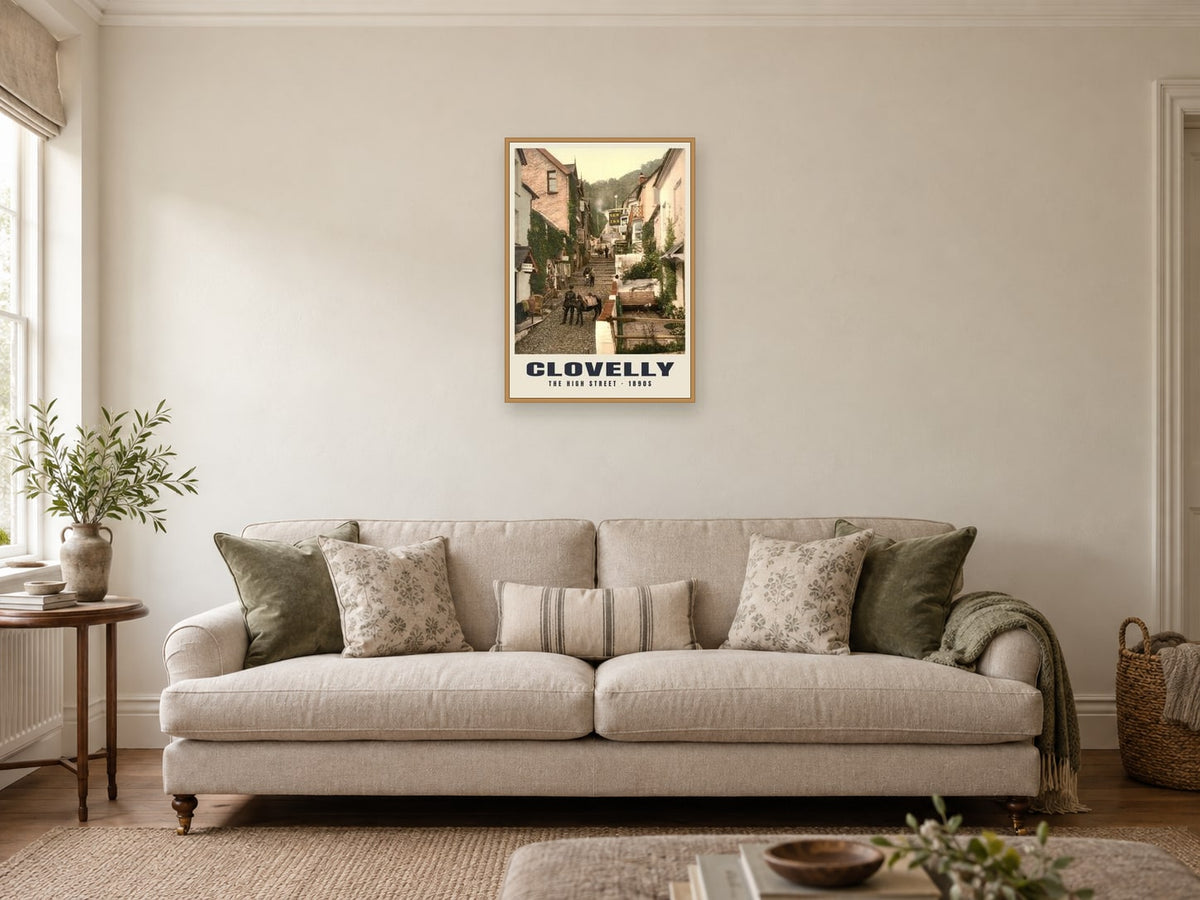 The High Street, Clovelly, 1890s Heritage Print at A2, in an oak frame, in a sitting room