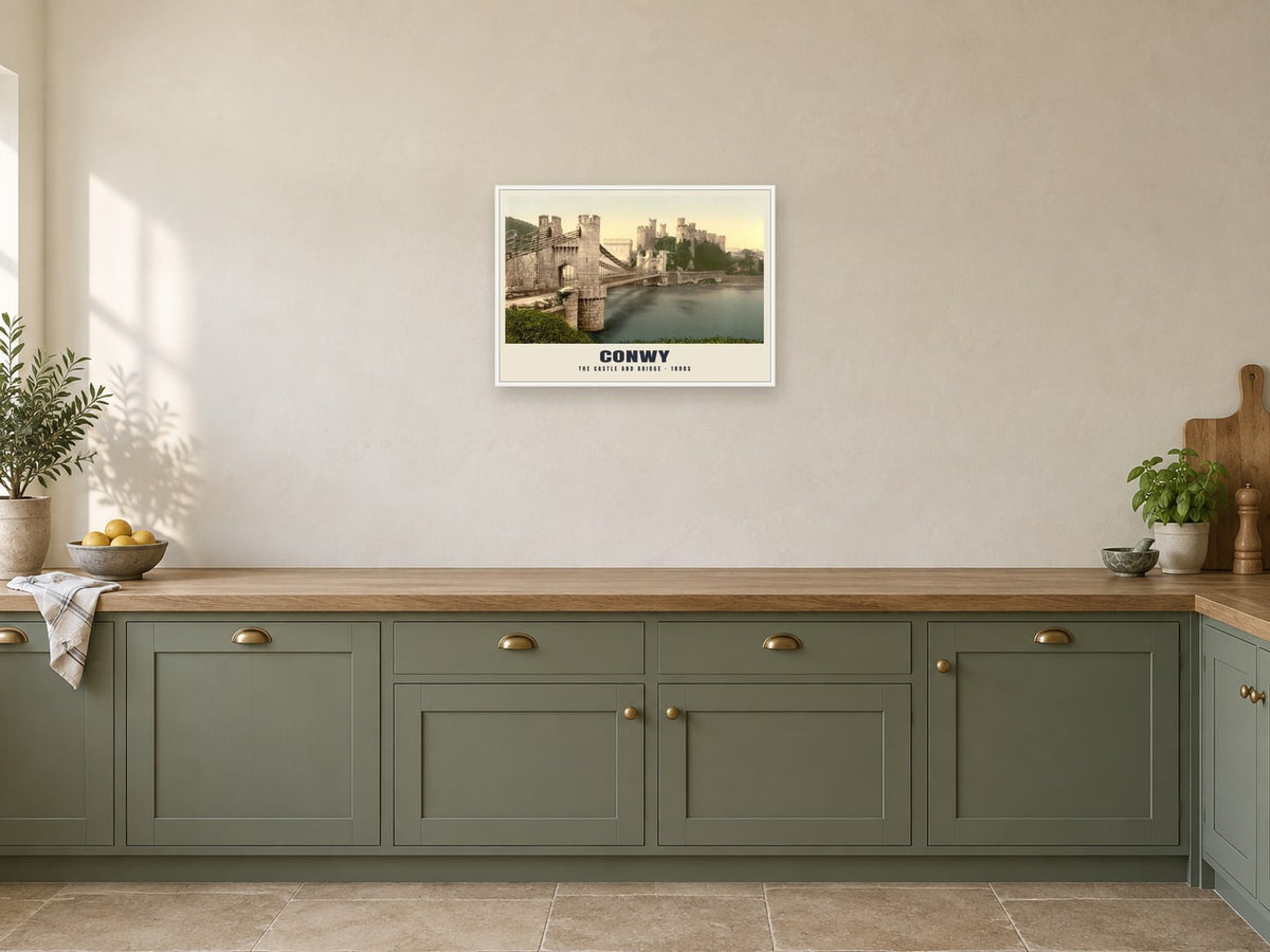 The Castle and Bridge, Conwy Poster at A2, in a white frame, in a kitchen
