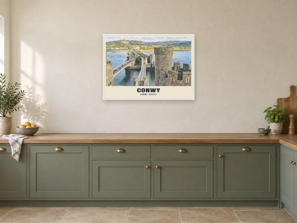Conwy Castle Poster at A1, in a white frame, in a kitchen