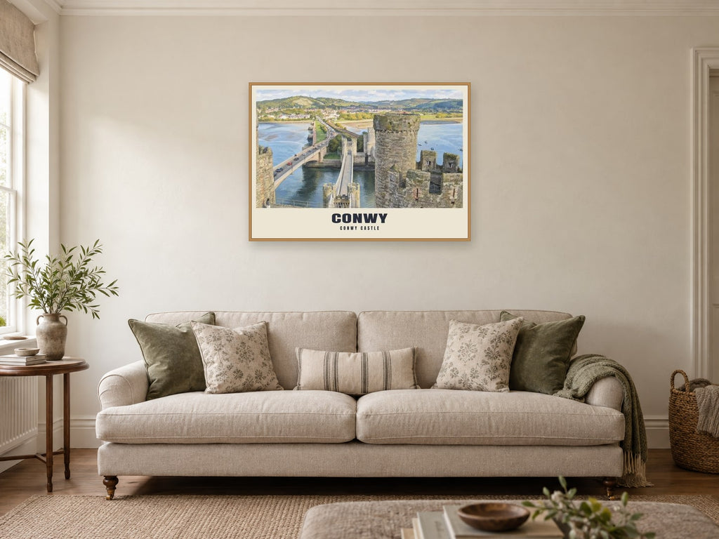 Conwy Castle Poster at A1, in an oak frame, in a sitting room