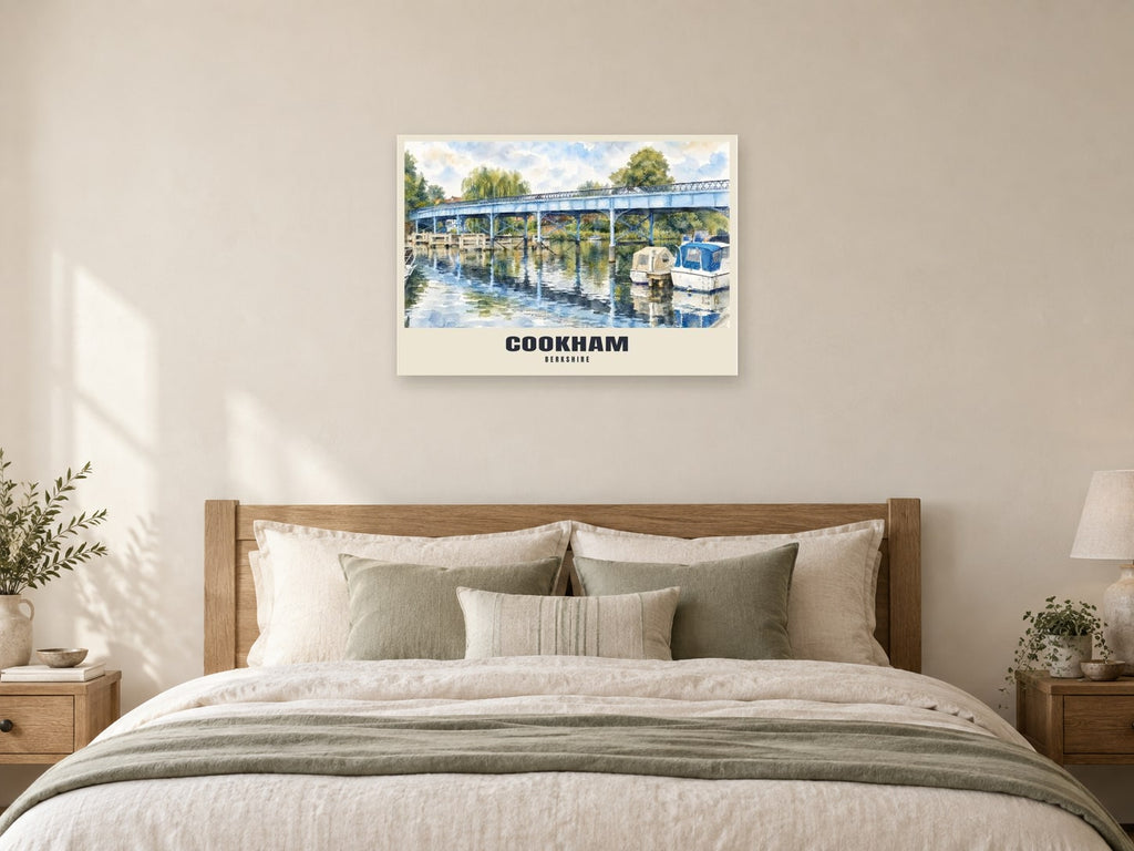 Cookham Bridge Poster at A1, as a poster, above a bed