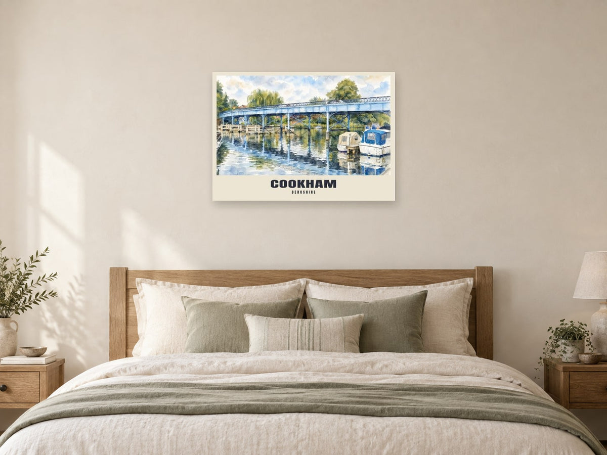 Cookham Bridge Poster at A1, as a poster, above a bed