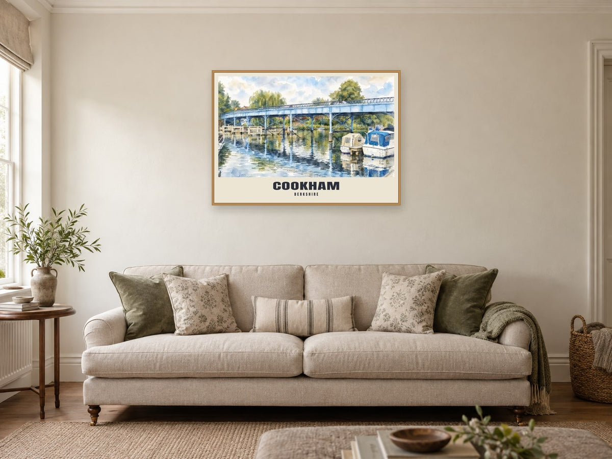 Cookham Bridge Poster at A1, in an oak frame, in a sitting room