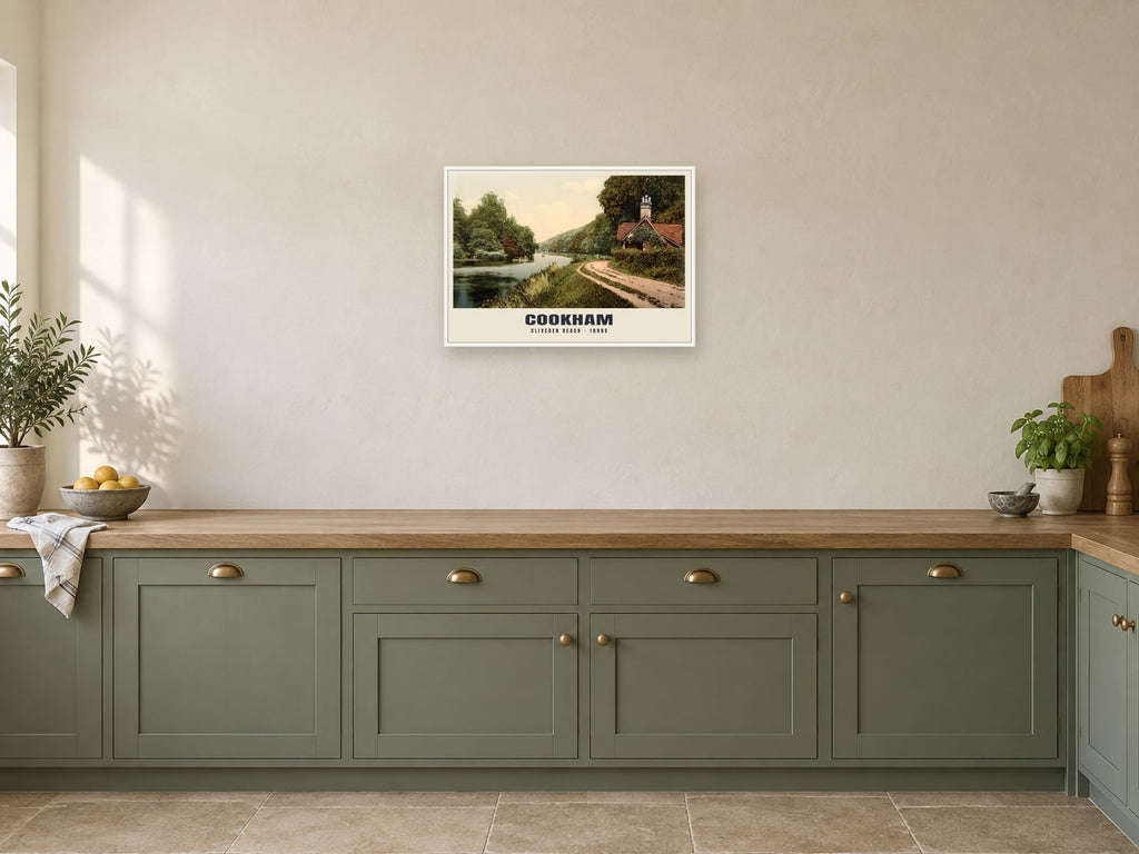 Cliveden Reach, Cookham, 1890s Heritage Print at A2, in a white frame, in a kitchen