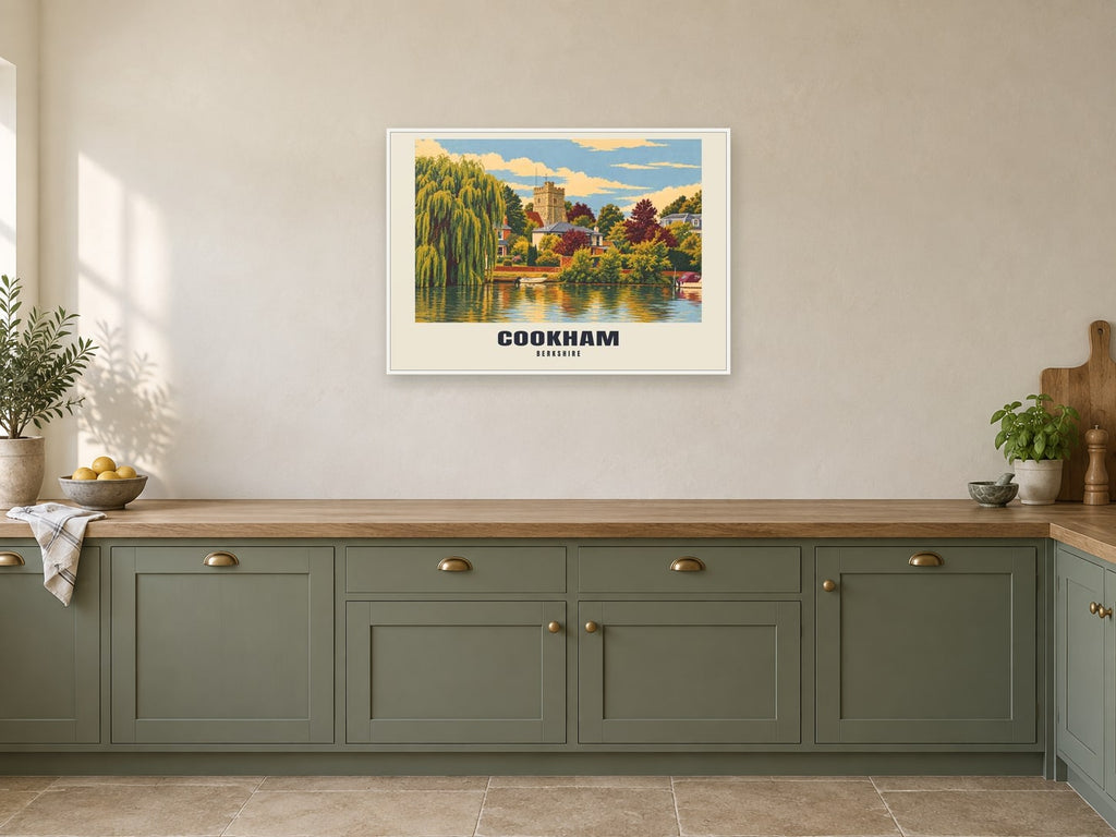 Cookham Poster — Holy Trinity Church at A1, in a white frame, in a kitchen