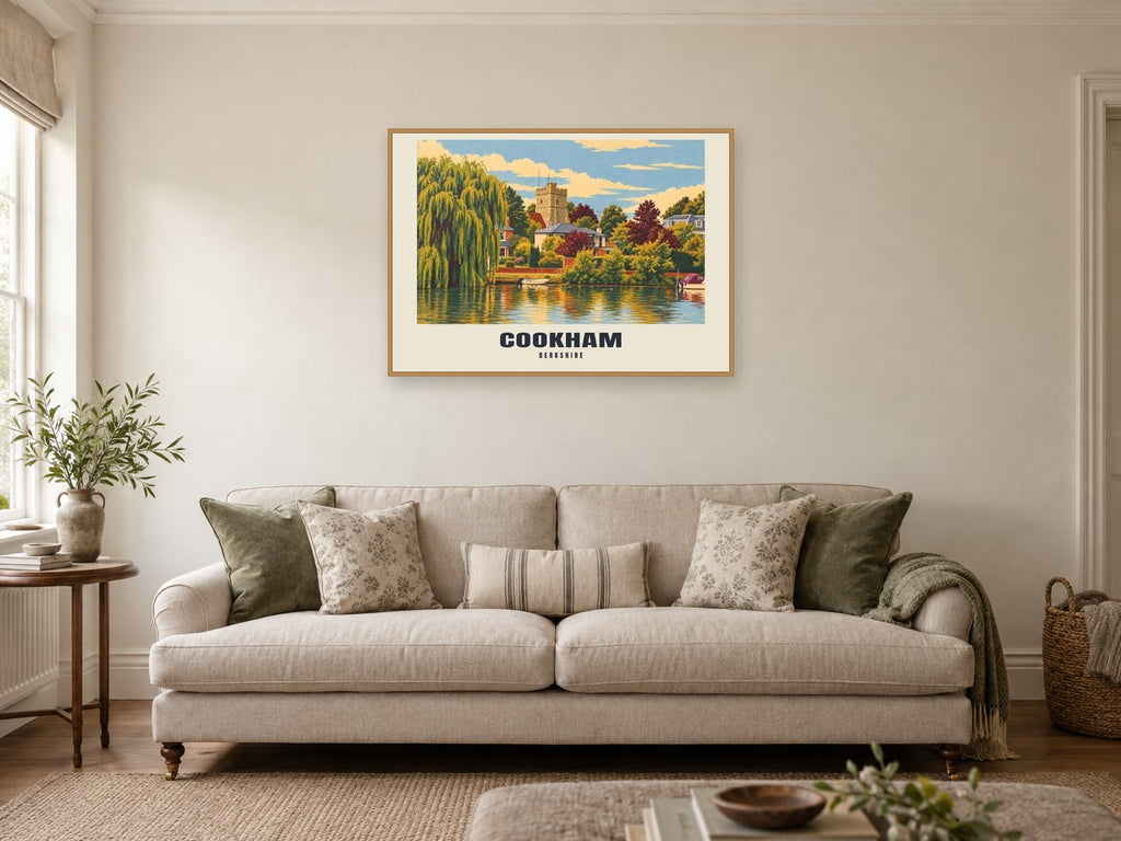 Cookham Poster — Holy Trinity Church at A1, in an oak frame, in a sitting room