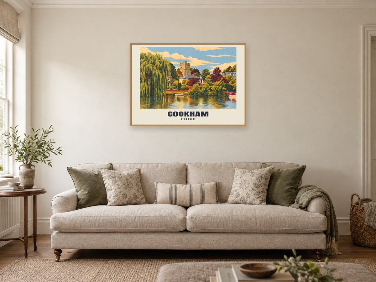Cookham Poster — Holy Trinity Church at A1, in an oak frame, in a sitting room