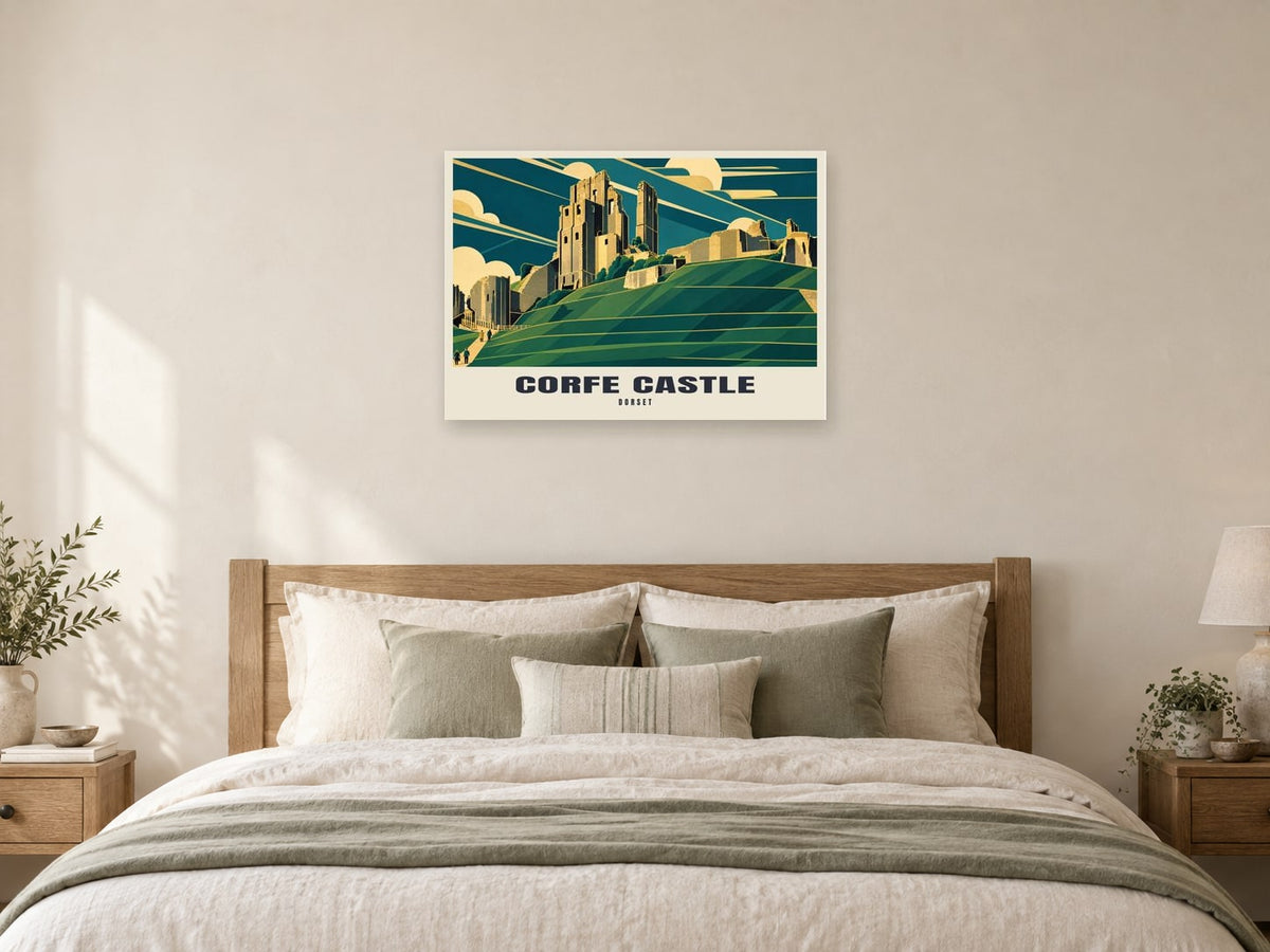 Corfe Castle Poster at A1, as a poster, above a bed