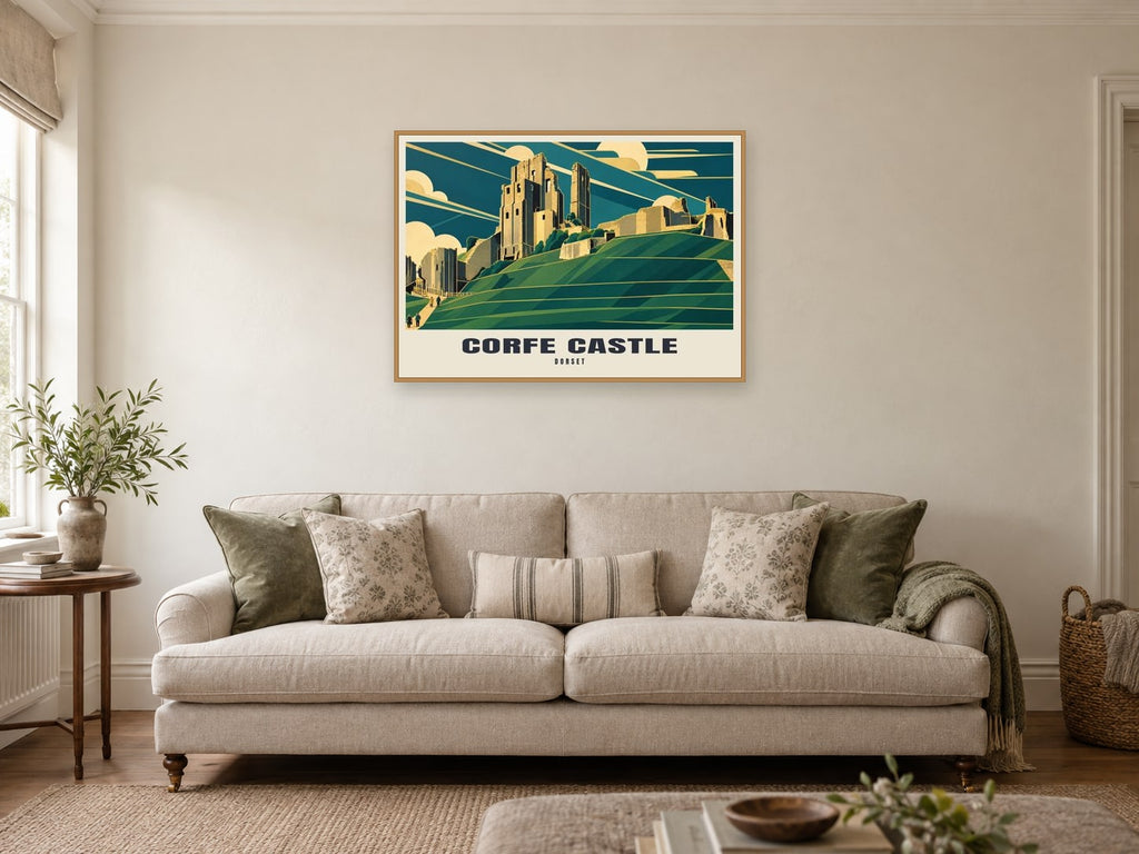 Corfe Castle Poster at A1, in an oak frame, in a sitting room