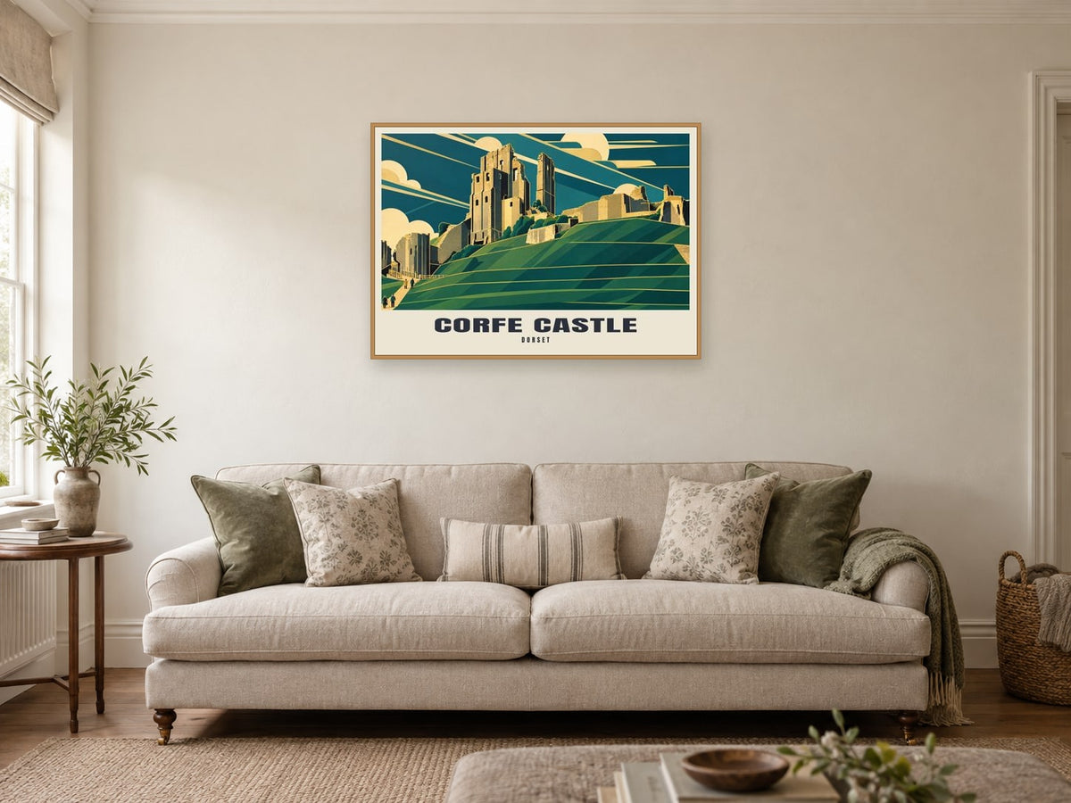 Corfe Castle Poster at A1, in an oak frame, in a sitting room