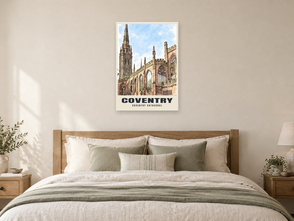 Coventry Cathedral Poster at A1, as a poster, above a bed