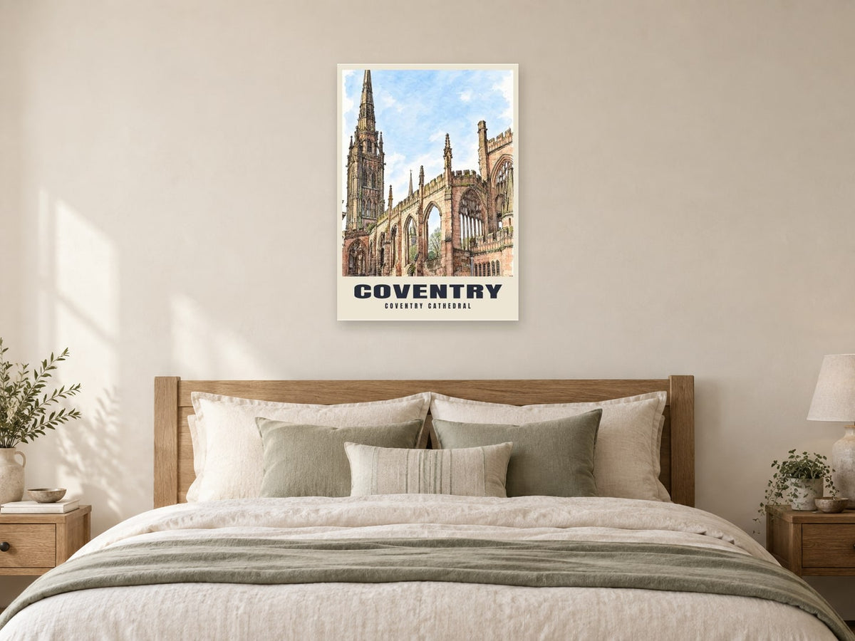 Coventry Cathedral Poster at A1, as a poster, above a bed